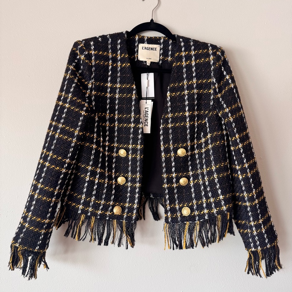 L’AGENCE Belmont Fringe Tweed Jacket Black Yellow Plaid Gold Buttons NWT Size 8 - Picture 2 of 16